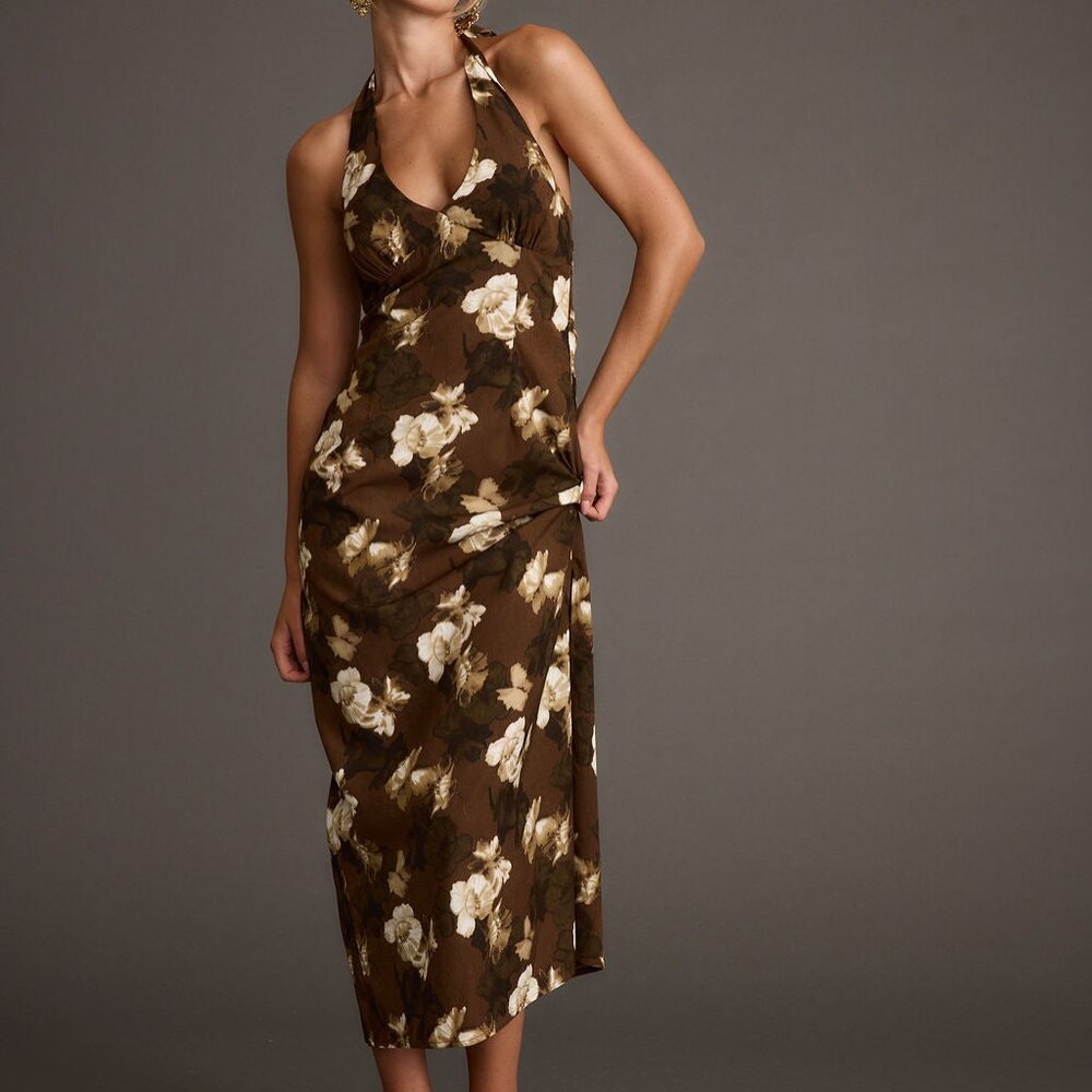 12th Tribe Audrina Brown Floral Halter Maxi Dress Size SS